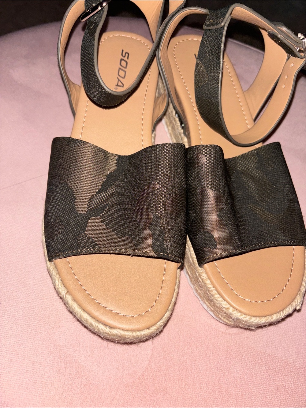 SODA Black Camouflage Bow Espadrille Sandals
